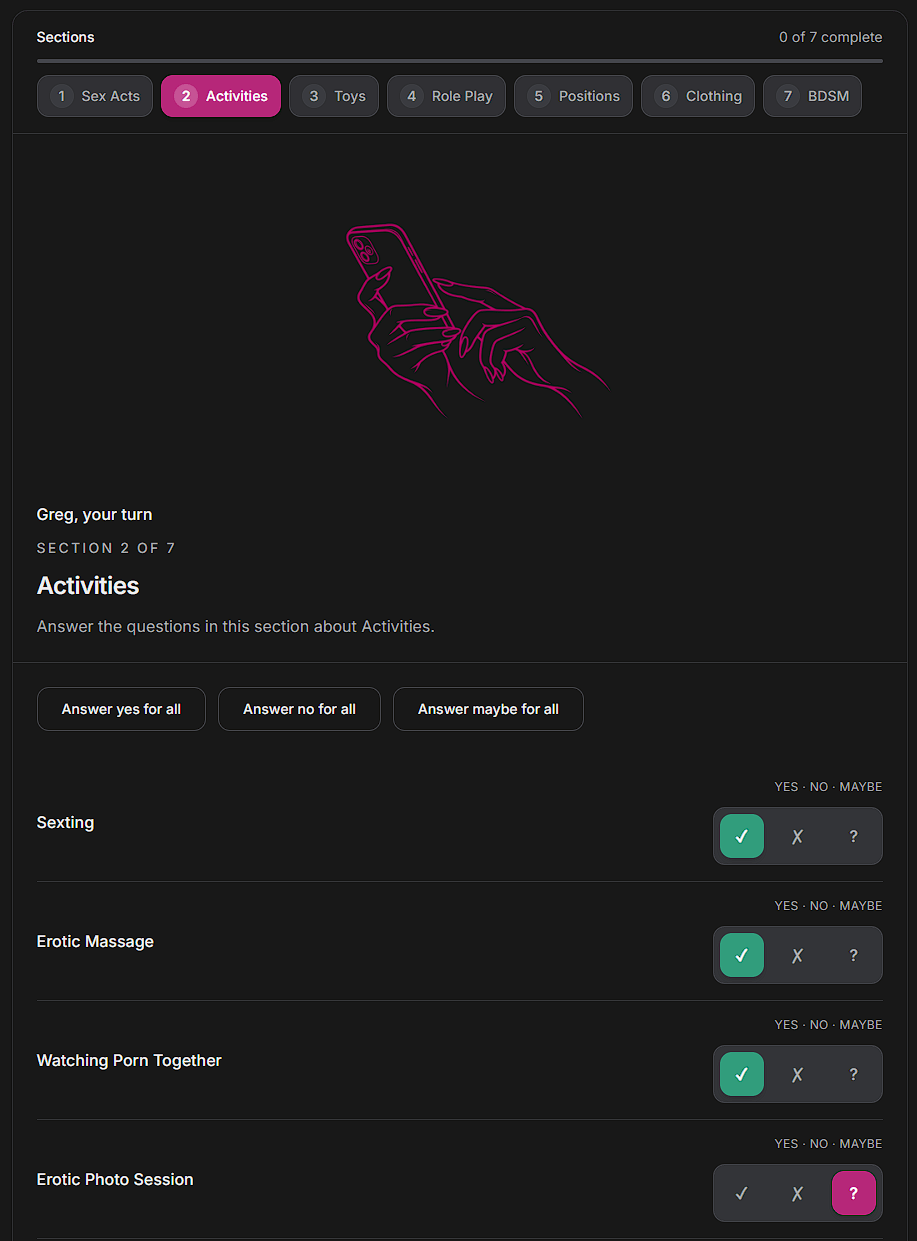 The Activities section, with Yes, No, and Maybe for each question.