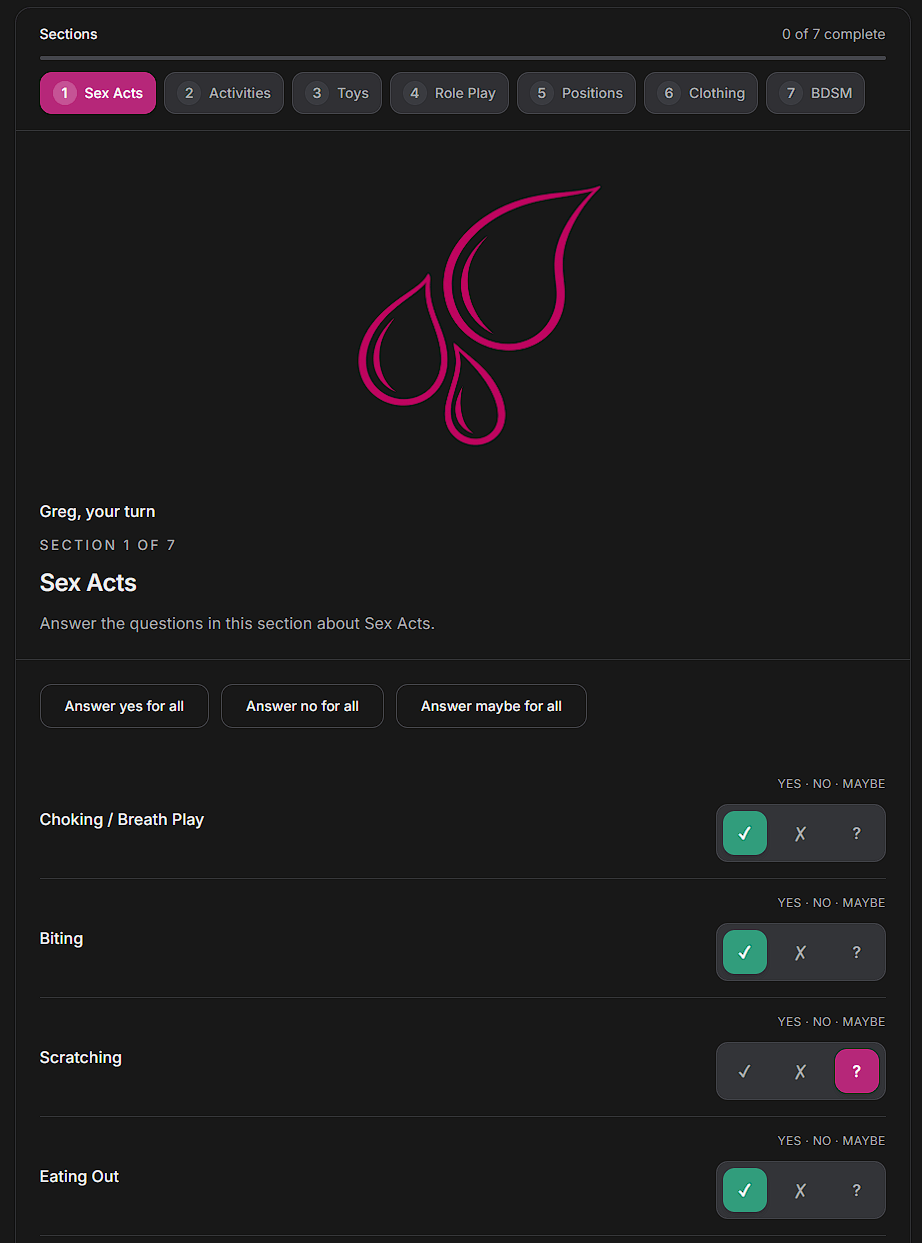 The Sex Acts section of a private session, with Yes, No, and Maybe for each question.