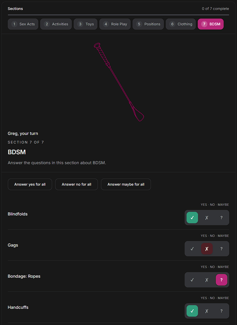 The BDSM section, with Yes, No, and Maybe for each question.